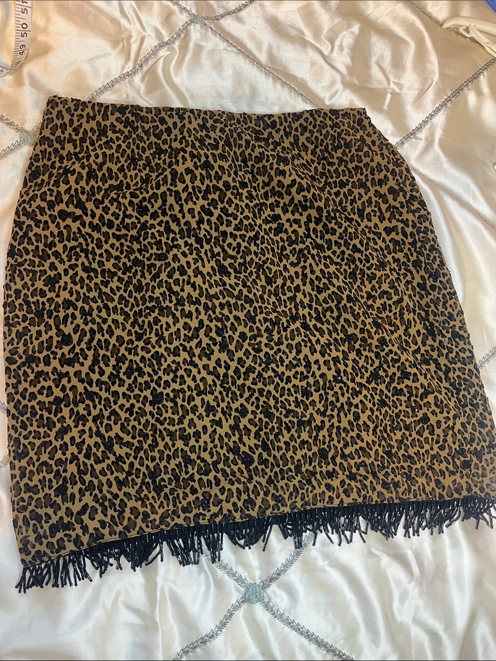 Guess Leopard Print Mini Skirt with Black Fringe - Vintage